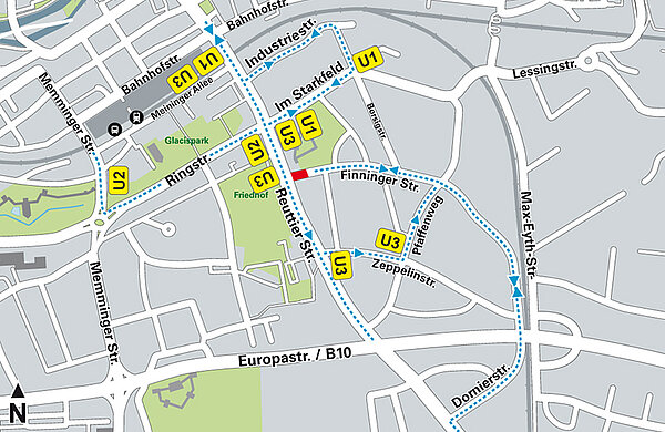 Stadtplan mit Darstellung der Sperrung und Umleitungen während der neuen Bauphase in der Reuttier Straße
