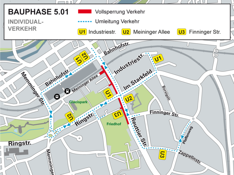 Ortsplan zur Bauphase 5.01 mit gesperrtem Abschnitt im westlichen Bereich der Reuttier Straße