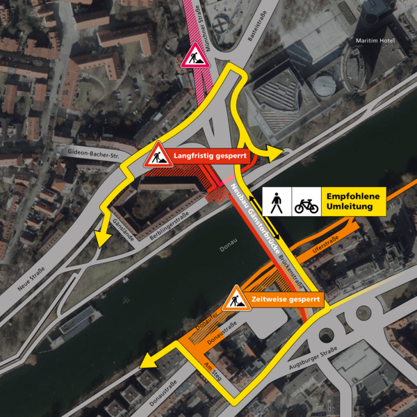 Luftbild von der Gänstorbrücke mit eingezeichneten Sperrungen und Umleitungen für Fußgänger und Radfahrer