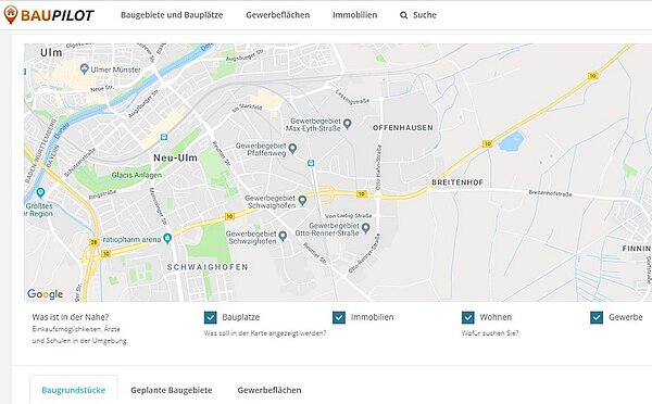 Screenshot der Online-Plattform www.baupilot.com mit einer eingebundenen Google-Karte von Neu-Ulm