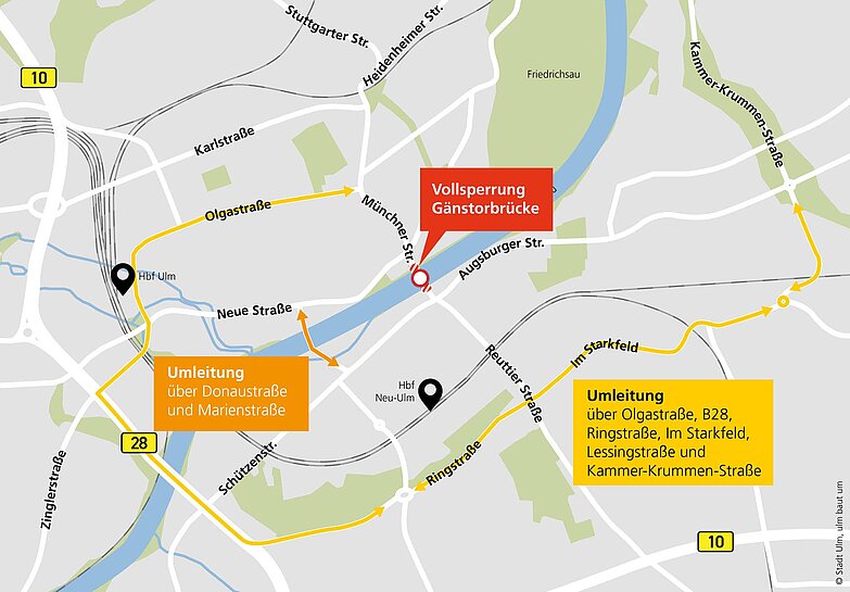 Stadtplan Ulm/Neu-Ulm mit Umleitung über Donaustraße und Marienstraße bzw. großräumige Umleitung über Olgastraße, B28, Ringstraße, Im Starkfeld, Lessingstraße und Kammer-Krummen-Straße
