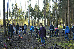 Kinder, Jugendliche und Erwachsene pflanzen gemeinsam unter Anleitung eines Försters Bäume im Widenmannwald