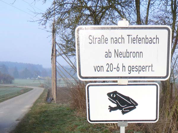 Verkehrsschild mit Hinweis zur Krötenwanderung und dem Zusatz: Straße nach Tiefenbach ab Neubronn von 20-6 Uhr gesperrt