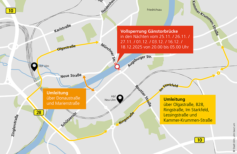 Ortskarte Ulm/Neu-Ulm mit Vollsperrung der Gänstorbrücke und Umleitung über: Olgastraße, B 28, Ringstraße, Im Starkfeld, Kammer-Krummen-Straße.