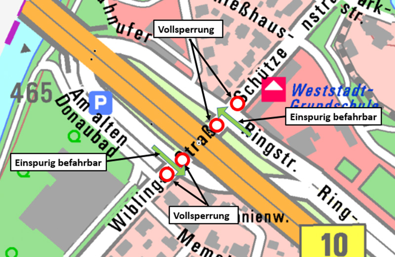 Ortsplan von Neu-Ulm mit eingezeichneter Sperrung der Wiblinger Straße (ab der Einmündung Am alten Donaubad) und der Schützenstraße.