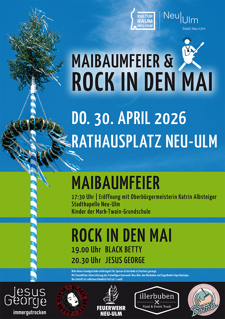 Plakat Rock in den Mai am 30. April auf dem Neu-Ulmer Rathausplatz