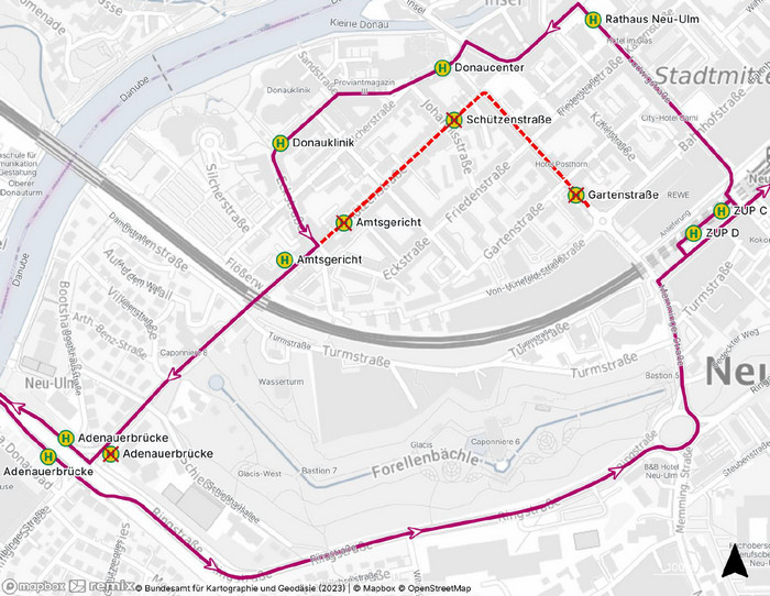 Umleitungsplan der Buslinie 7 über die Neu-Ulmer Ringstraße