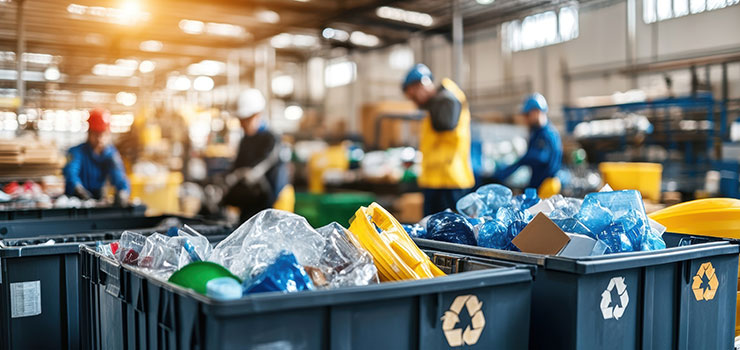 Müllcontainer, im Hintergrund Arbeiter