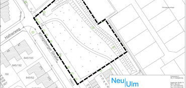 Ausschnitt aus einem Bebauungsplan der Stadt Neu-Ulm zeigt den Geltungsbereich des B-Plans