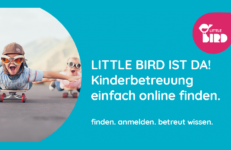 Banner: "Little Bird ist da! Kinderbetreuung einfach online finden"