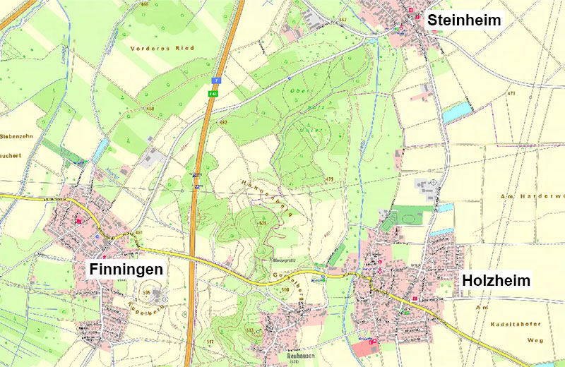 Ortsplan mit den den Neu-Ulmer Stadtteilen Finningen und Steinheim sowie der Gemeinde Holzheim