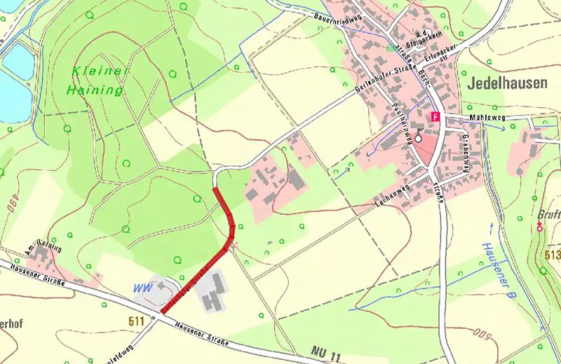 Ortskarte mit gesperrtem Bereich der Gerlenhofer Straße zwischen Hausener Straße und Jedelhausen