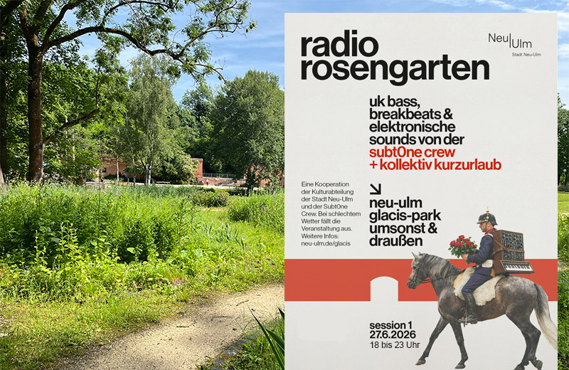 Glacis-Park mit Plakat "Radio Rosengarten"