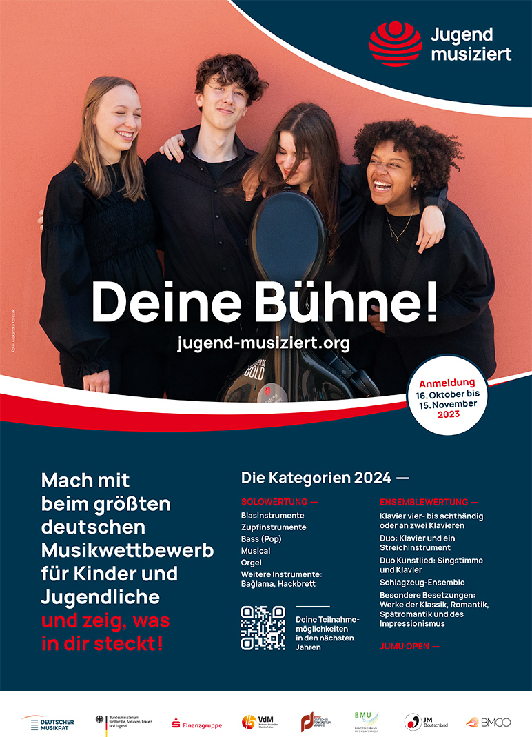Plakat Jugend musiziert mit Jugendlichen und Beschriftung: "Deine Bühne! Mach mit beim größten deutschen Musikwettbewerb für Kinder und Jugendliche"