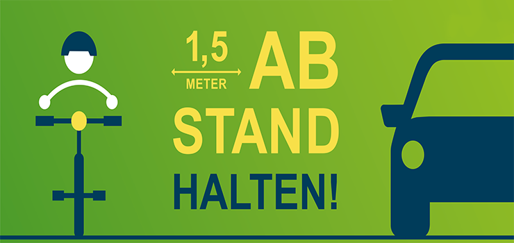 Grafik mit Text "1,5 Meter Abstand halten!" mit einem Auto, das einen Radfahrenden überholt
