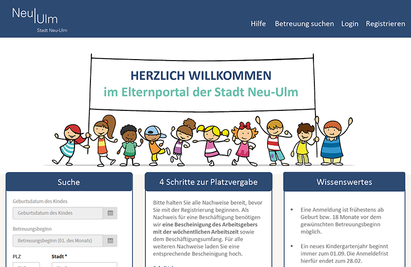Das neue Kita-Portal: Screenshot von der Startseite mit Text "Herzlich willkommen im Elternportal der Stadt Neu-Ulm"