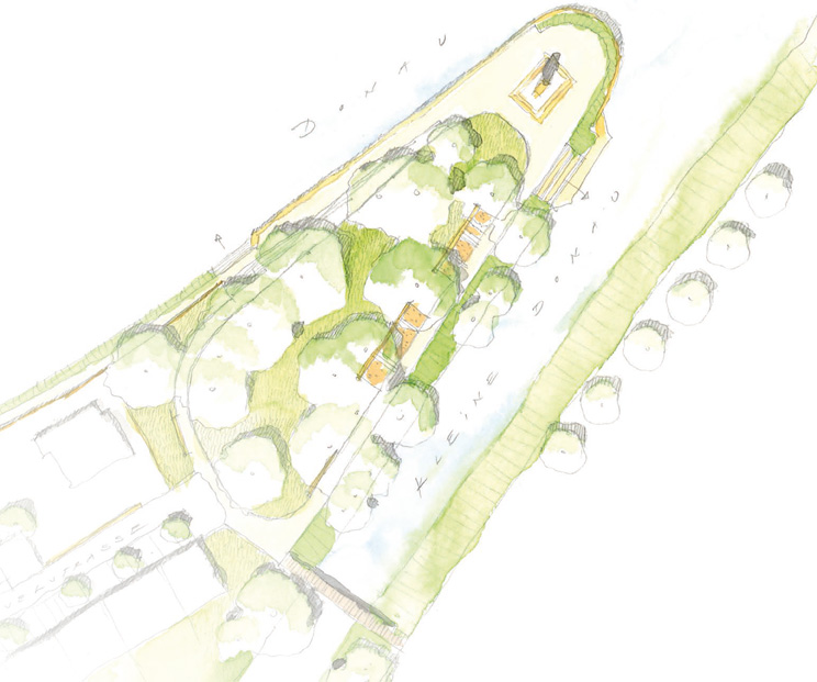 Planzeichnung der Parkanlage auf der Neu-Ulmer Insel mit Rundweg, Uferweg und Sitzstufenanlage