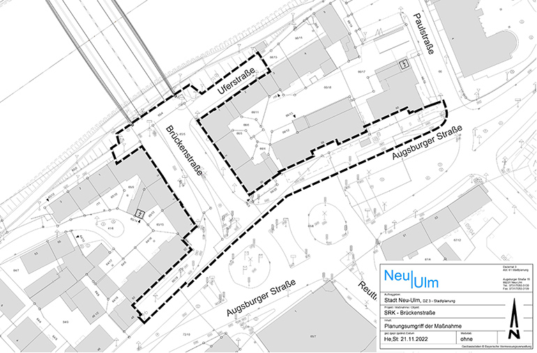Der Plan zeigt den Bereich, der von der Baumaßnahme betroffen ist: die Brückenstraße vom Augsburger-Tor-Platz bis zur Brücke, die Uferstraße sowie die Geh- und Radwege nördlich des Augsburger-Tor-Platzes 