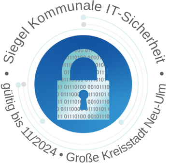 Siegel mit dem Text "Siegel Kommunale IT-Sicherheit - gültig bis 11/2024 - Große Kreisstadt Neu-Ulm" und dem Symbol eines Schlosses