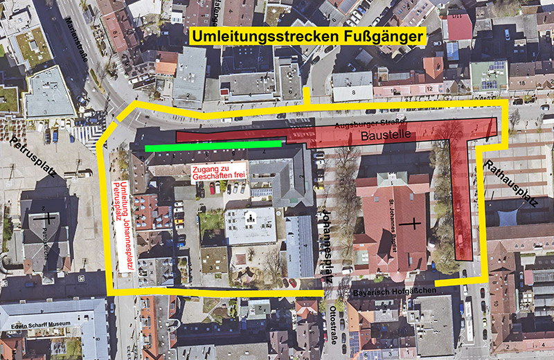 Luftbild von der Neu-Ulmer Innenstadt mit eingezeichneter Baustelle im Bereich der Augsburger Straße und Ludwigstraße sowie den Umleitungsstrecken für den Fußverkehr