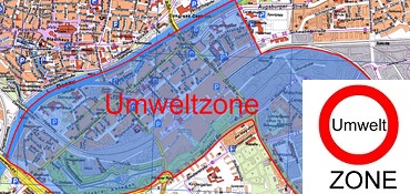 Ortskarte von Neu-Ulm mit eingezeichneter Umweltzone und Symbol Umweltzone