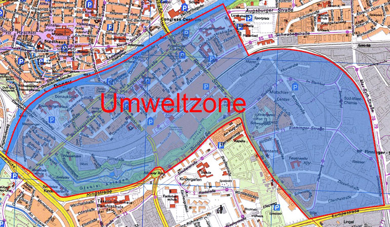Bereich der Neu-Ulmer Umweltzone (siehe Erläuterung unter Punkt 4 "Wie weit erstreckt sich die Umweltzone?"