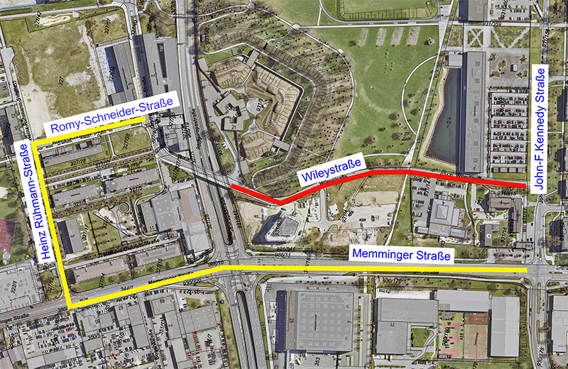 Umleitungsplan mit gesperrter Wileystraße und Umleitung über Memminger Straße, Heinz-Rühman-Straße und Romy-Schneider-Straße