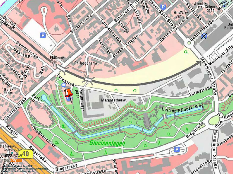 Ortskarte von Neu-Ulm mit eingezeichneter Lage des Kollmannsparks am Glacis-Park