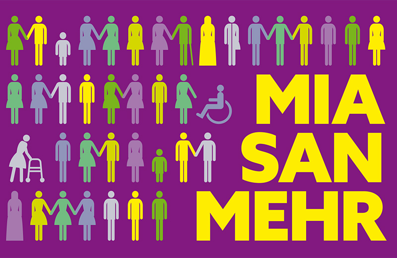 Banner mit dem Text "MIA SAN MEHR" sowie Menschen-Piktogrammen in verschiedenen Farben, die für die Vielfalt der Menschen stehen: zum Beispiel männliche und weibliche sowie transgeschlechtliche Personen, Einzelpersonen und Paare - heterosexuell und gleichgeschlechtlich oder auch Menschen im Rollstuhl