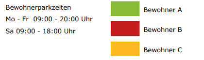 Legende: Bewohnerparken A (grün), Bewohnerparken B (rot), Bewohnerparken C (gelb)