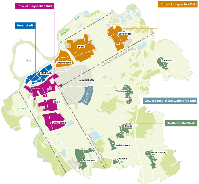 Stadtplan Neu-Ulm mit den 5 Schwerpunkträumen