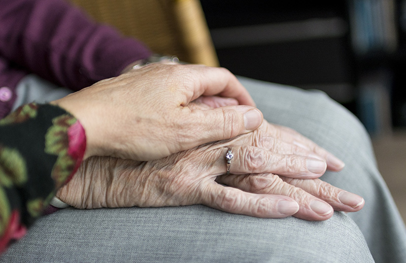 Die Hand einer jüngeren Person hält die Hand einer älteren Menschen
