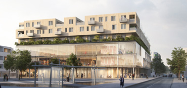 Visualisierung des geplanten Neubaus des LEW-Areals in Neu-Ulm mit Link auf die Seite "Hochbau"