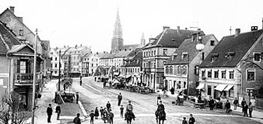Schwarz-Weiß-Fotografie von Neu-Ulm mit Blick Richtung Ulm