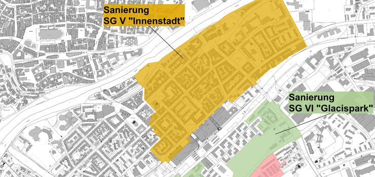 Stadtplan von Neu-Ulm mit Darstellung der Sanierungsgebiete